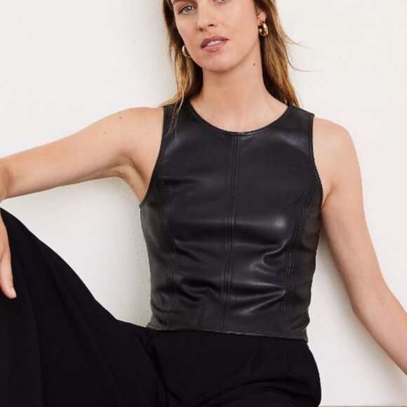 LOFT Topstitched Faux Leather Shell in Black - Picture 2 of 7